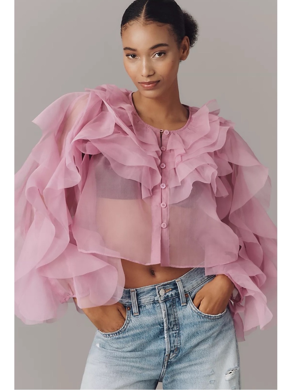 Anthropologie Pink Ruffle Sheer Blouse